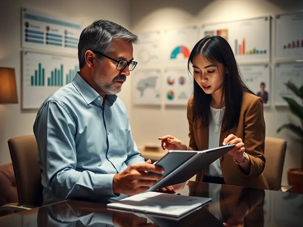 A leader reviewing assessment results with a coach, discussing insights into personality traits and leadership styles to identify areas for growth.