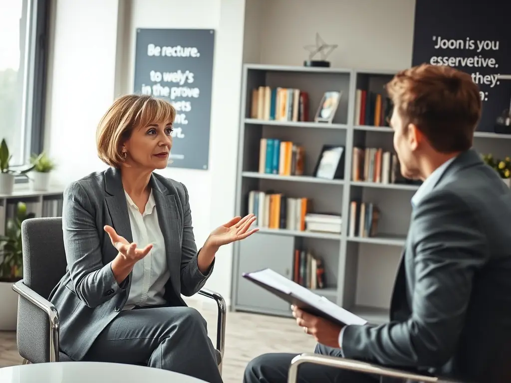A professional executive in a modern office setting, engaged in a one-on-one coaching session, focusing on strategic decision-making and leadership development.